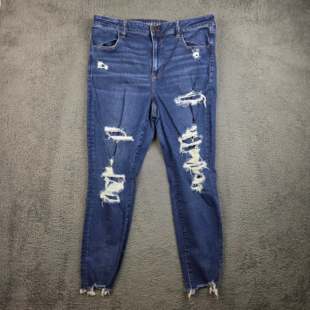 American Eagle Jegging Women W34 L28 Blue Hi-Rise Stretch Distressed Jeans